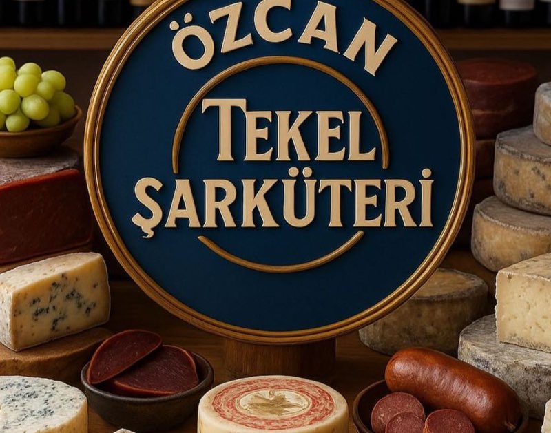 Özcan Şarküteri'nin Çatalca Ferhatpaşa'daki dükkânına ait amblem, çevresinde peynir ve şarküteri çeşitleri